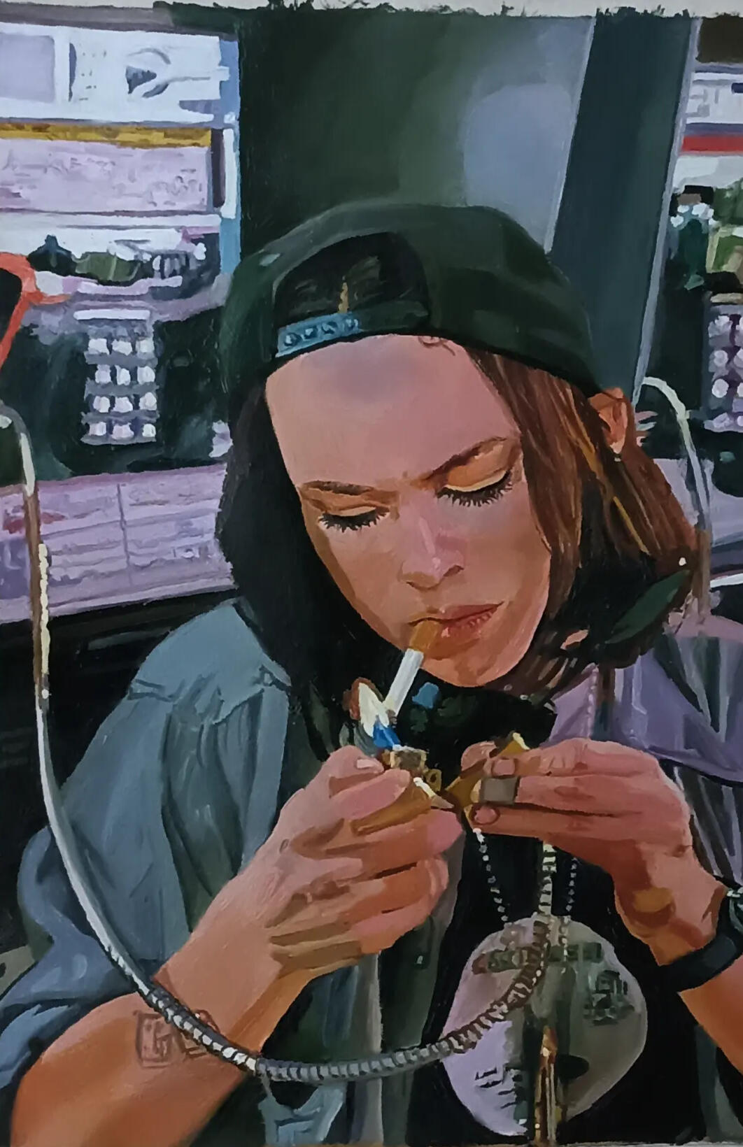Winona Ryder - Night on Earth "Pintura realista em óleo da personagem de Winona Ryder no filme Night on Earth, segurando um isqueiro e um cigarro."